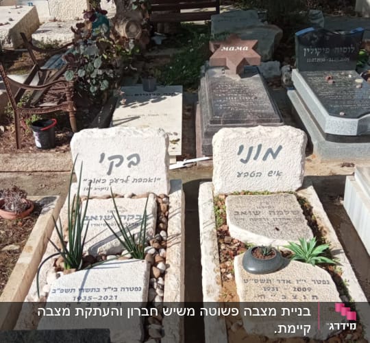 שתי מצבות עם כיתוב בעברית וצמחים קטנים